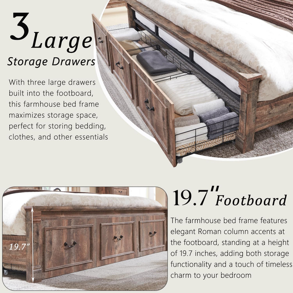 Aitjunz Farmhouse King Size Bed Frame with 51" Tall Headboard, Wood Platform Bed Frame with 20" Tall Roman Column Decoration Footboard & 3 Large Storage Drawers, No Box Spring Needed (Light Brown)