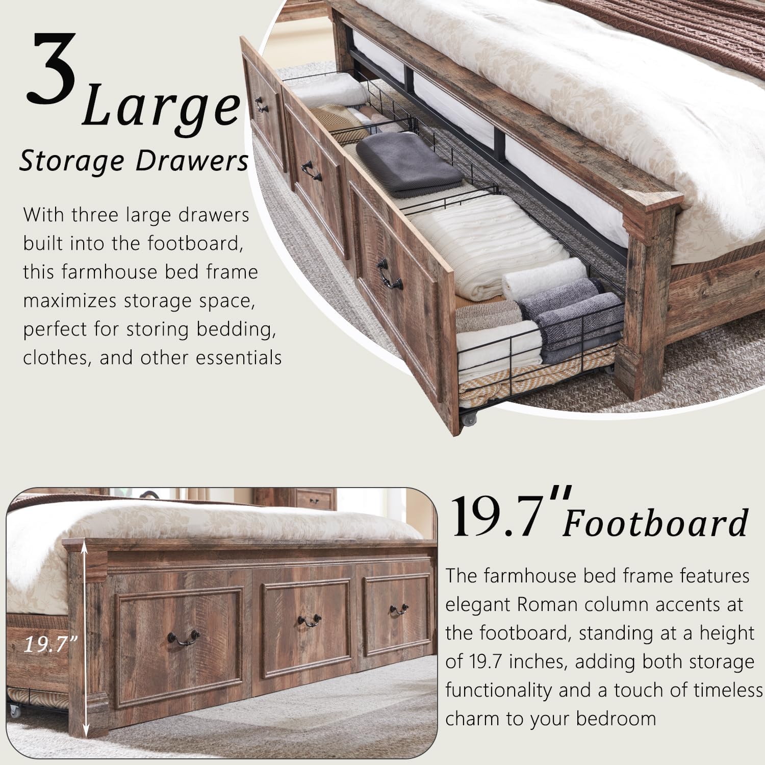 Aitjunz Farmhouse King Size Bed Frame with 51" Tall Headboard, Wood Platform Bed Frame with 20" Tall Roman Column Decoration Footboard & 3 Large Storage Drawers, No Box Spring Needed (Light Brown)