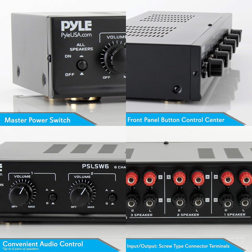 Pyle 6 Channel Speaker Selector Switch - Multi Zone A B Speaker Distribution Controller Box w/ Independent Audio Source Volume Control, Supports Home Theater Stereo Receiver System - Pyle PSLSW6