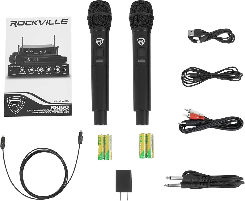 Rockville HTS56 Bundle: 1000-Watt 5.1 Channel Bluetooth Home Theater Audio System, 8" Subwoofer, RKI60 Dual UHF 8-Channel Wireless Microphone Karaoke Interface and Mixer, 2-Items