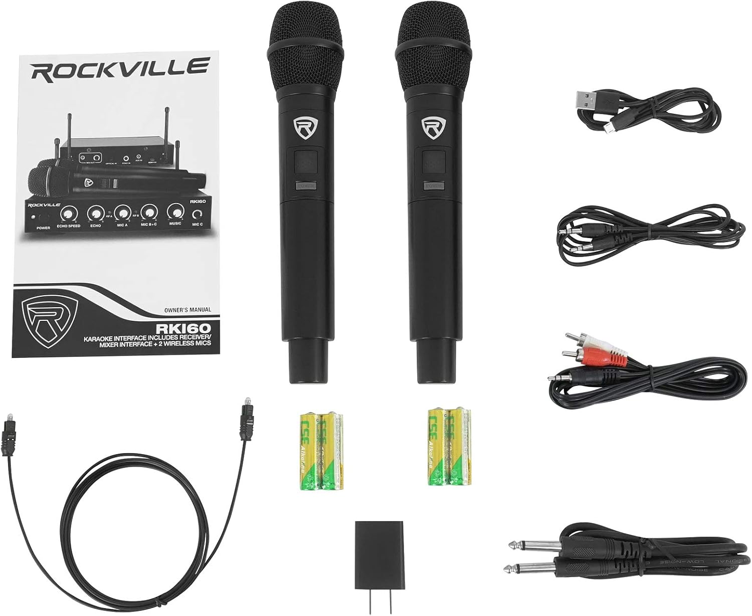 Rockville HTS56 Bundle: 1000-Watt 5.1 Channel Bluetooth Home Theater Audio System, 8" Subwoofer, RKI60 Dual UHF 8-Channel Wireless Microphone Karaoke Interface and Mixer, 2-Items
