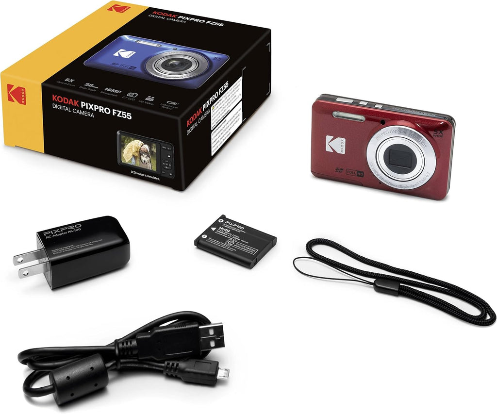 Kodak PIXPRO FZ55 Red 16MP Digital Camera 5X Optical Zoom 28mm Wide Angle 1080P Full HD Video 2.7" LCD Camera + 64GB Card and Reader + Case + Memory Wallet + Tripod + Cleaning Bundle