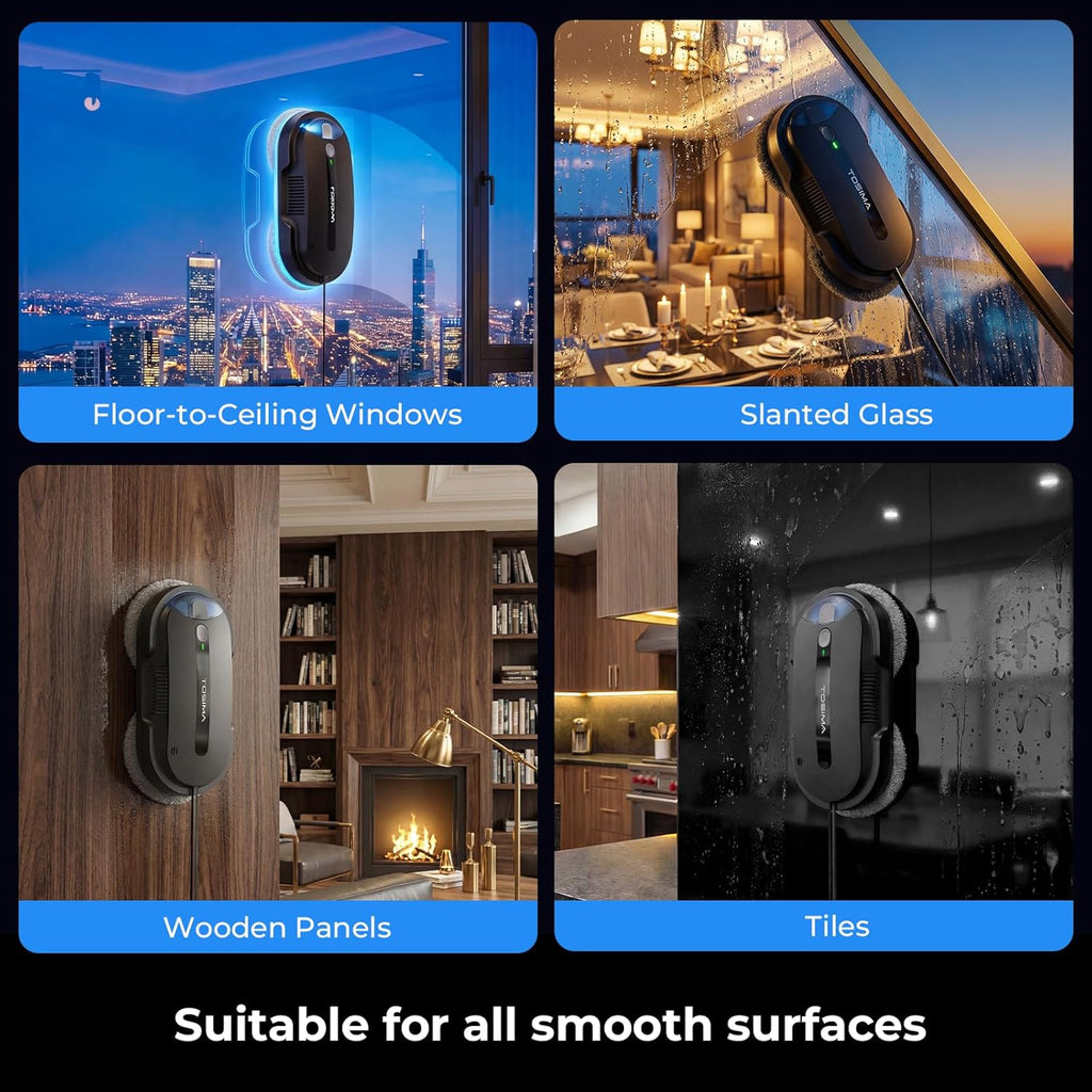 Tosima X1 Window Cleaning Robot, Dual Direction Auto-Spray Smart Window Cleaner with Triple Safety System, Smart Navigation, Remote Control, for All Smooth Surfaces, with 8 Rags, Black