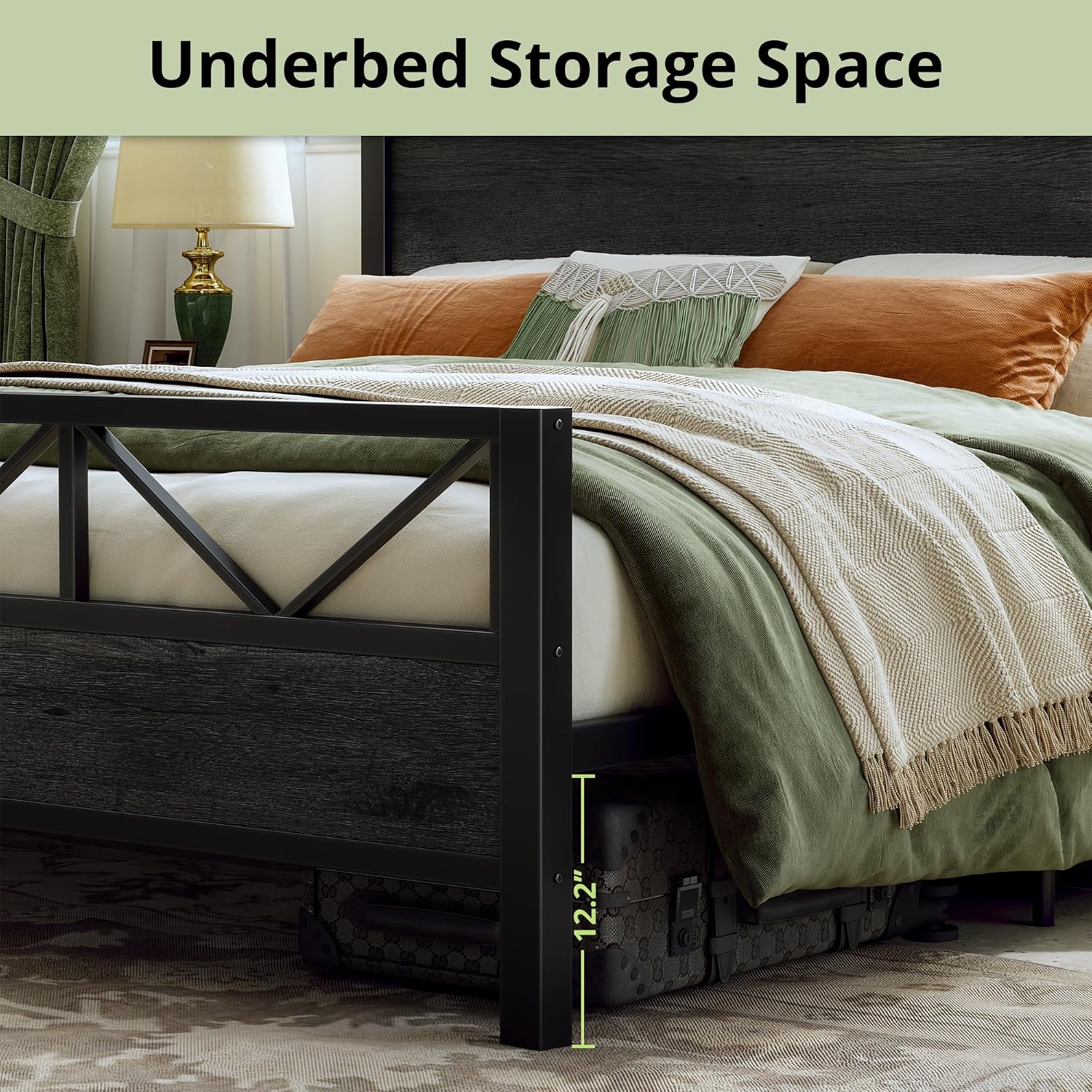 LIKIMIO King Bed Frame, Tall Industrial Headboard 51.2 ", Platform Bed Frame with Strong Metal Support, Solid and Stable, Noise Free, No Box Spring Needed, Easy Assembly, Charcoal Grey