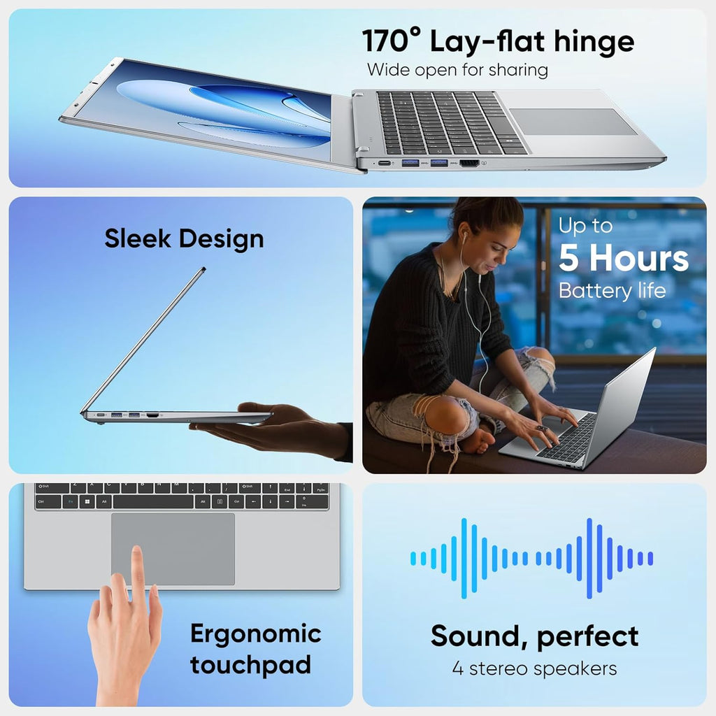 Laptop Computer, 15.6" FHD IPS Display, Laptop for Student and Business, 16GB RAM 256GB SSD Laptops, 6500Y Processor (up to 3.4GHz), WiFi 5