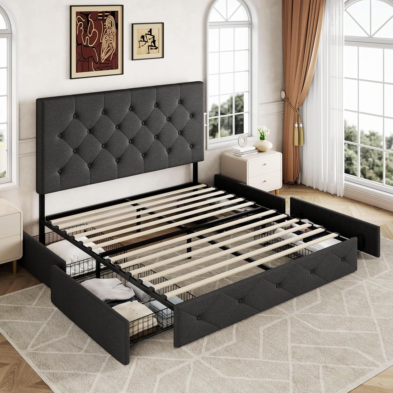 Allewie Upholstered Queen Size Platform Bed Frame with 4 Storage Drawers and Headboard, Diamond Stitched Button Tufted, Mattress Foundation with Wooden Slats Support, No Box Spring Needed, Dark Grey