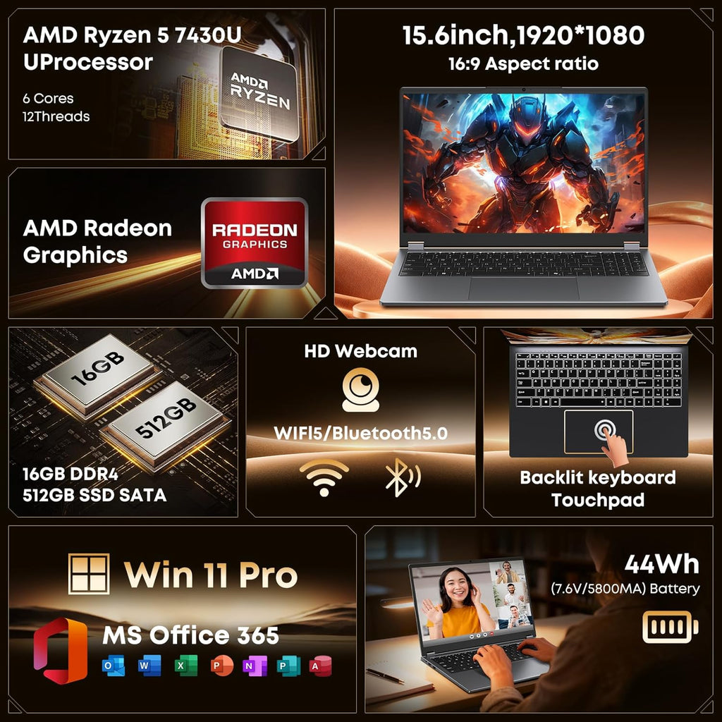 15.6" Laptop Computer 2-in-1 AMD Ryzen 7430U (Beat i7-1355U) Win11 Pro, MS Office 365 Traditional Laptops 16GB 512GB SSD Backlit Keyboard Full HD IPS Display 1MP Camera Type-C BT 5.0 HDMI