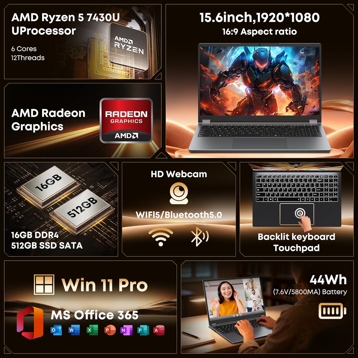 15.6" Laptop Computer 2-in-1 AMD Ryzen 7430U (Beat i7-1355U) Win11 Pro, MS Office 365 Traditional Laptops 16GB 512GB SSD Backlit Keyboard Full HD IPS Display 1MP Camera Type-C BT 5.0 HDMI