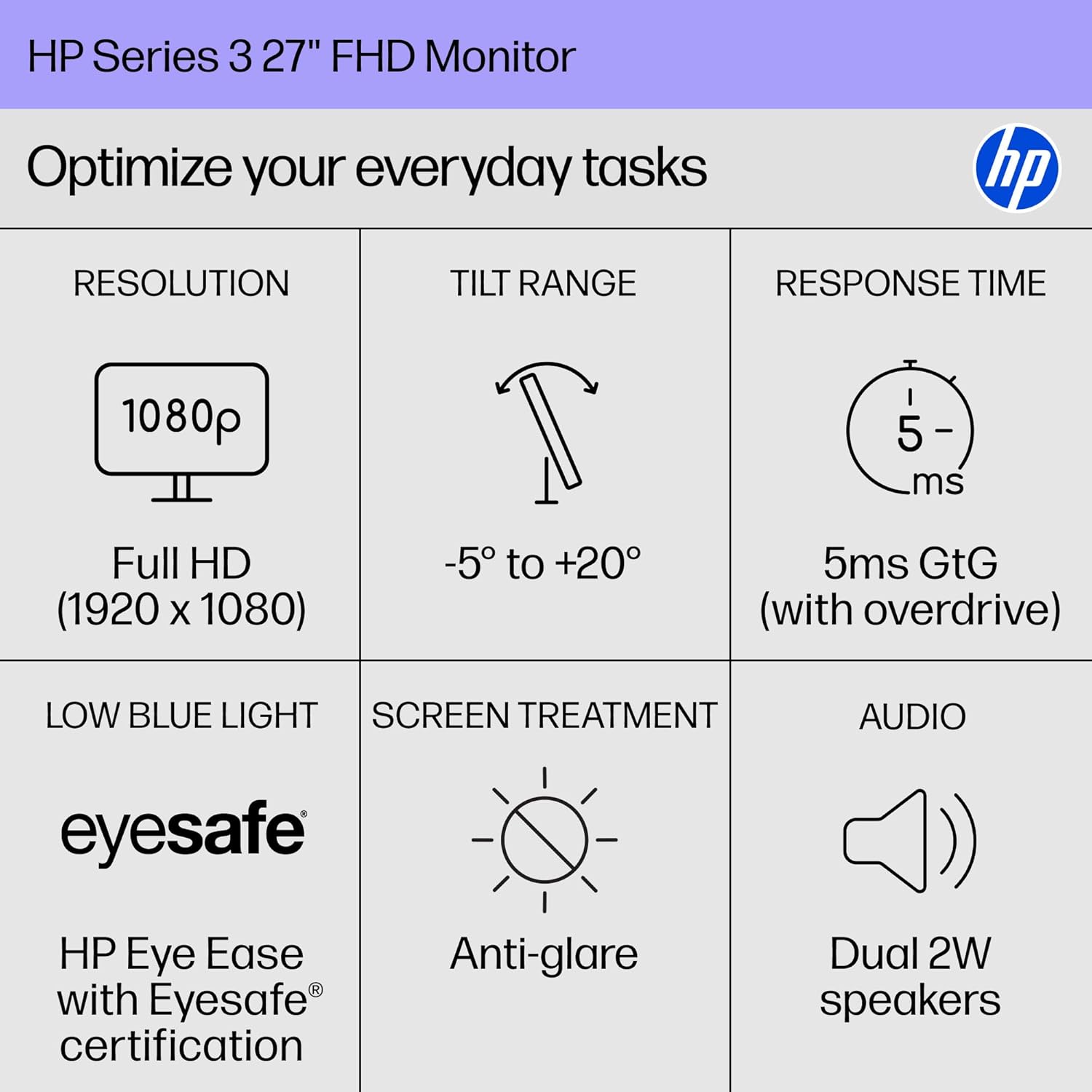 HP Series 3 27 inch FHD Monitor, Full HD Display (1920 x 1080), IPS Panel, 1300:1 Contrast Ratio, 250 Nits, Eye Ease with Eyesafe Certification, Black, 327se (2025)
