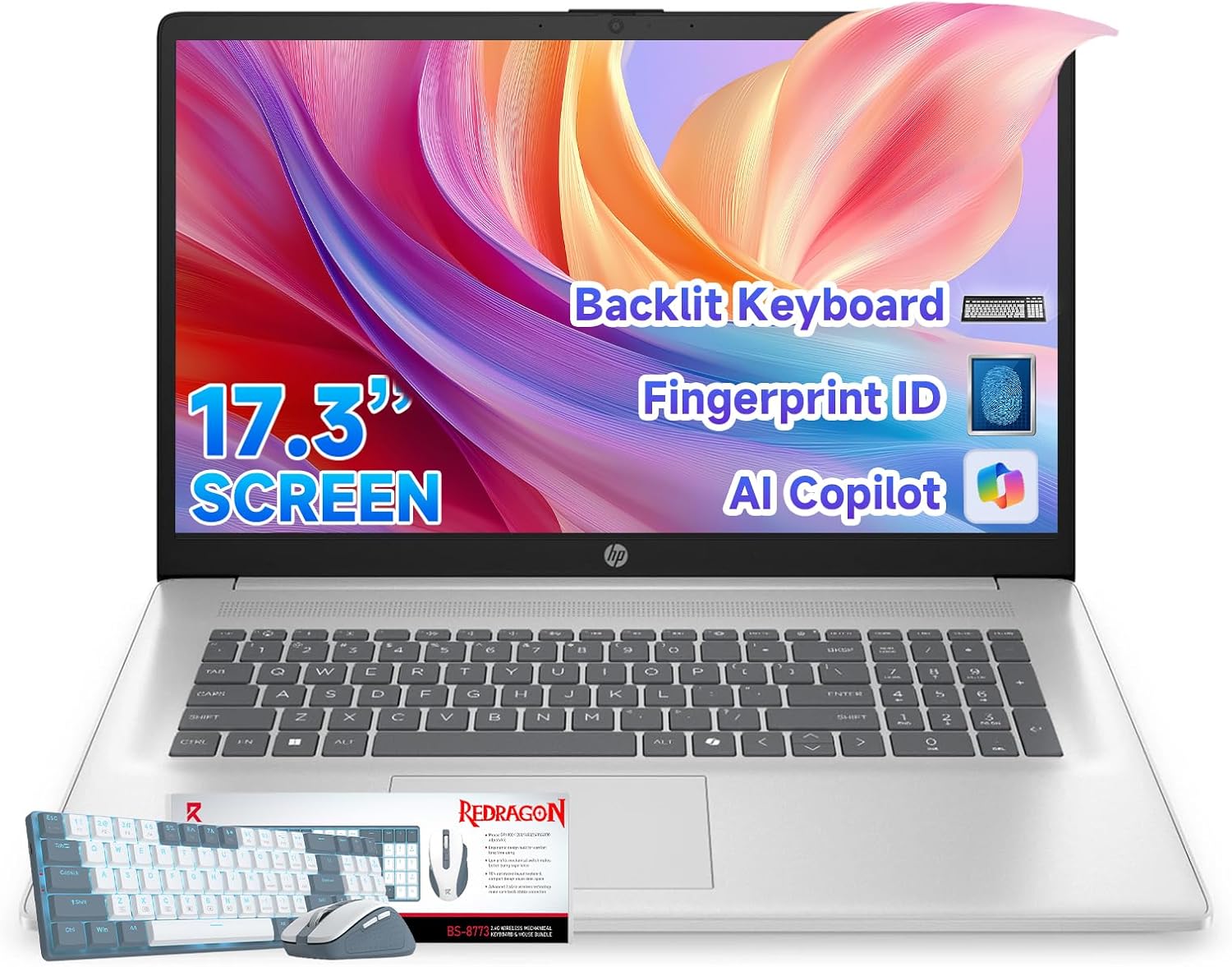 HP 17.3" Business Laptop, 13th Gen Intel 10-Core i5-1334U(Beats i7-1255U), 20GB RAM, 512GB SSD, Backlit Keyboard, Fingerprint Reader, Lifetime Windows 11 Pro & Copilot AI, with Patented KB Kit