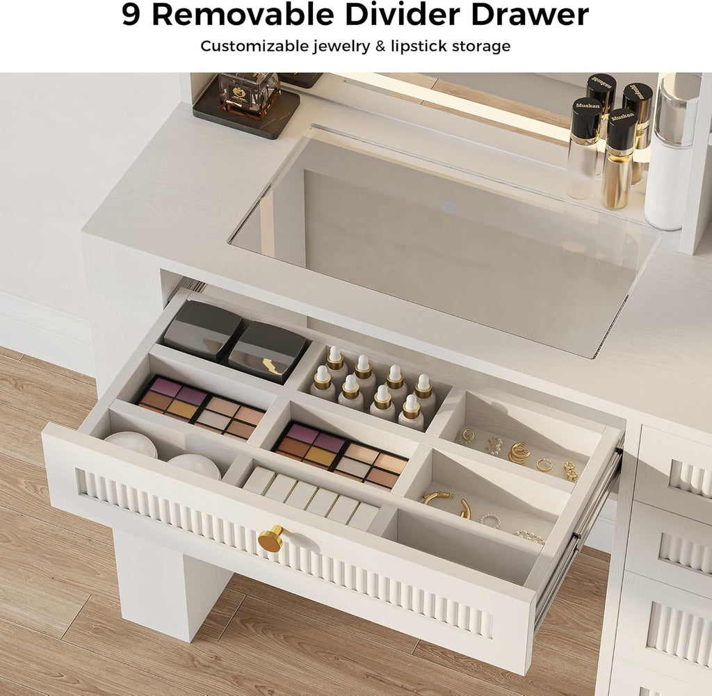IRONCK Vanity Desk with LED Lighted Mirror, 3-Color Dimmable Makeup Vanity with Glass Top & Charging Station & Hair Dryer Holder, 4 Drawers & Open Shelves, 63" H Vanity for Bedroom, White