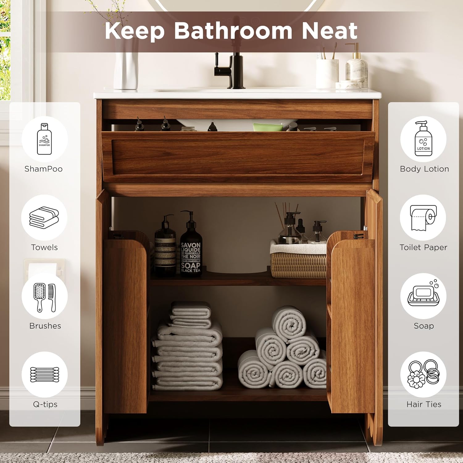 28 inch Bathroom Vanity with Ceramic Sink, Brown Bathroom Sink Vanity Cabinet with Wave Scalloped Door, Tip-Out Drawer & Adjustable Shelf, Single Sink Bath Vanity for Bathroom/Laundry Room, Walnut