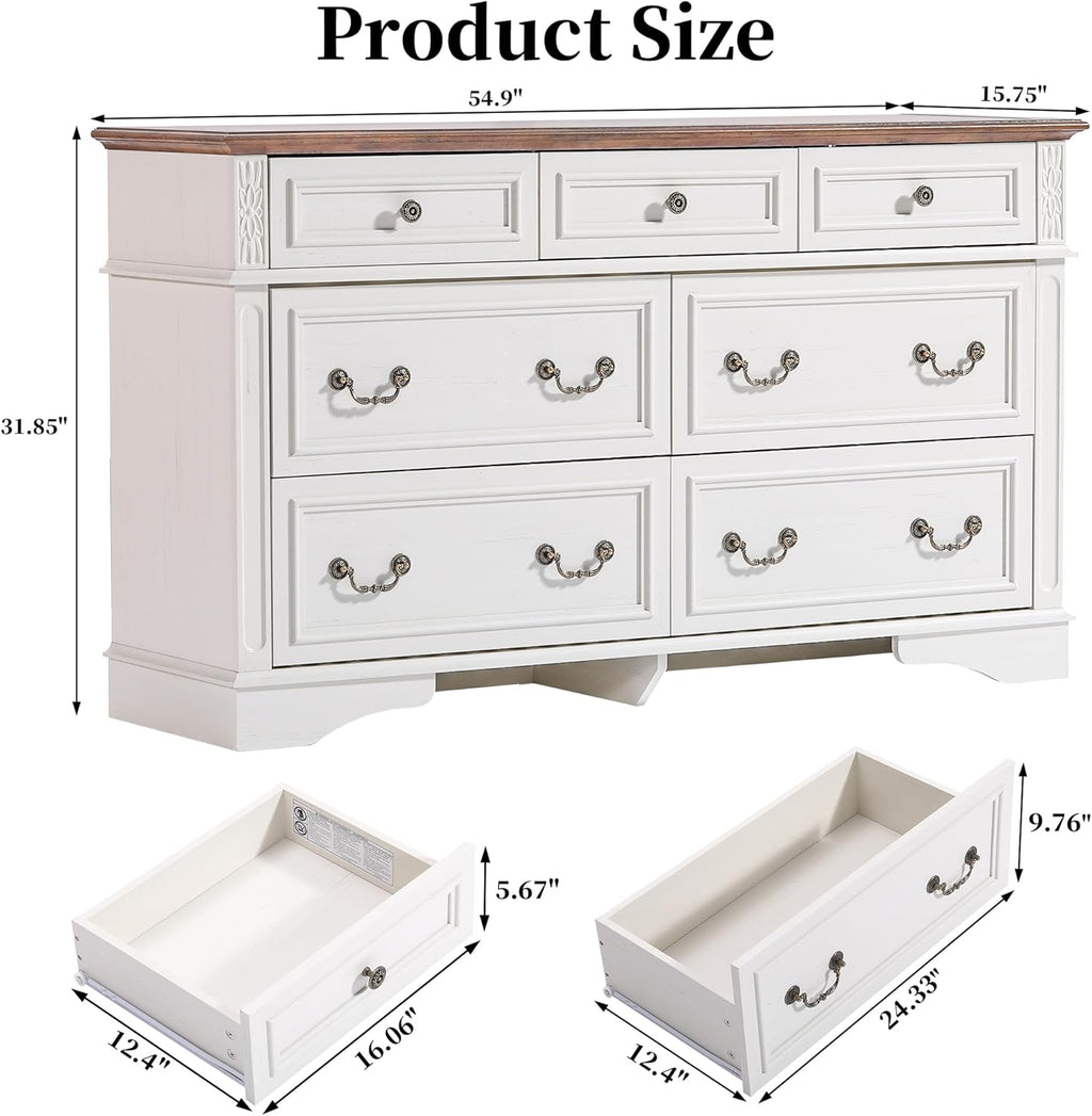 Farmhouse Dresser and Nightstand Sets, 6-Drawer with 7 Drawer Dresser & 3 Drawer Nightstand Sets, 4 Pieces Rustic Wood Bedroom Furniture Set for Home, Bedroom, Hallway(White)