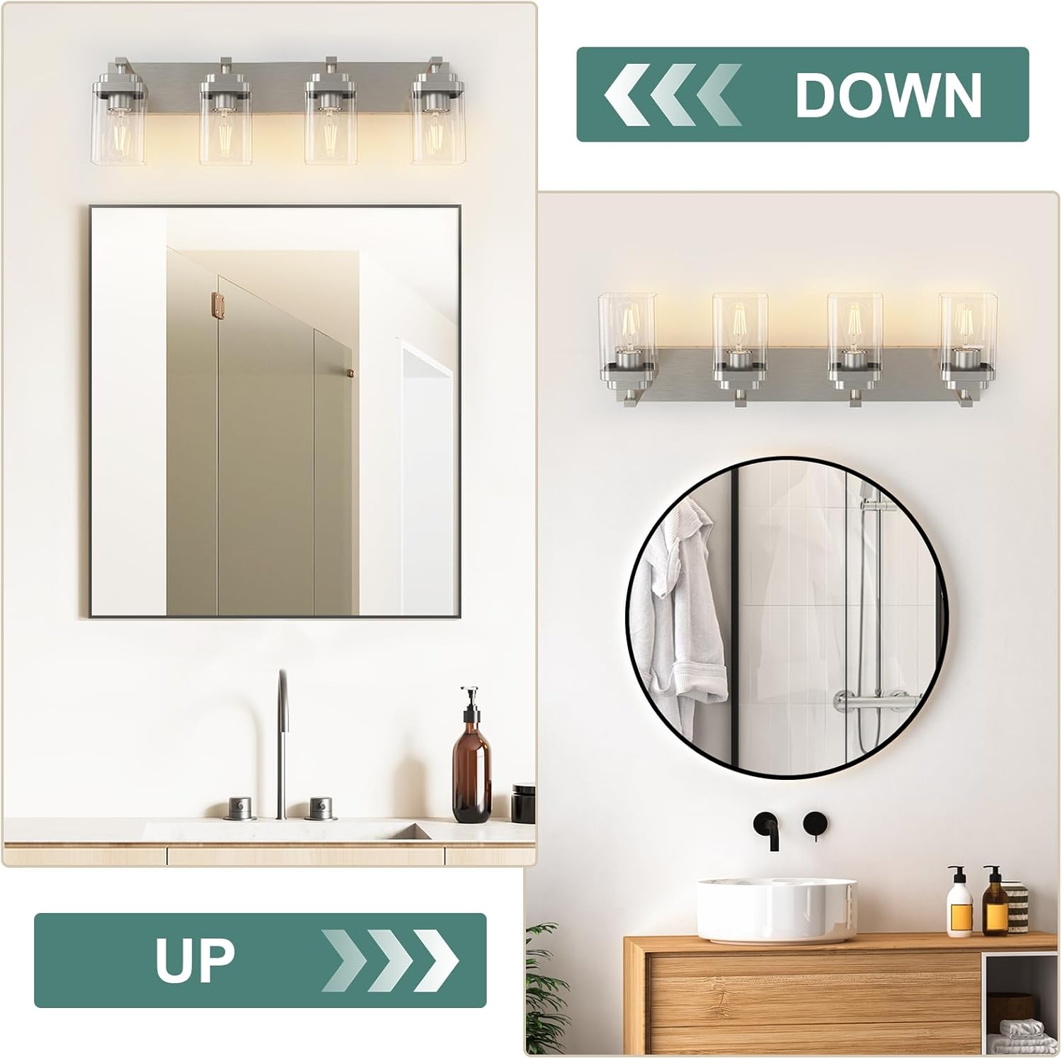 Brushed Nickel Bathroom Light Fixtures, 4 Lights Bathroom Lighting Fixtures Over Mirror, Square Design & Rectangle Large Backplate, Modern Vanity Lighting Fixtures, for Living Room/Bedroom