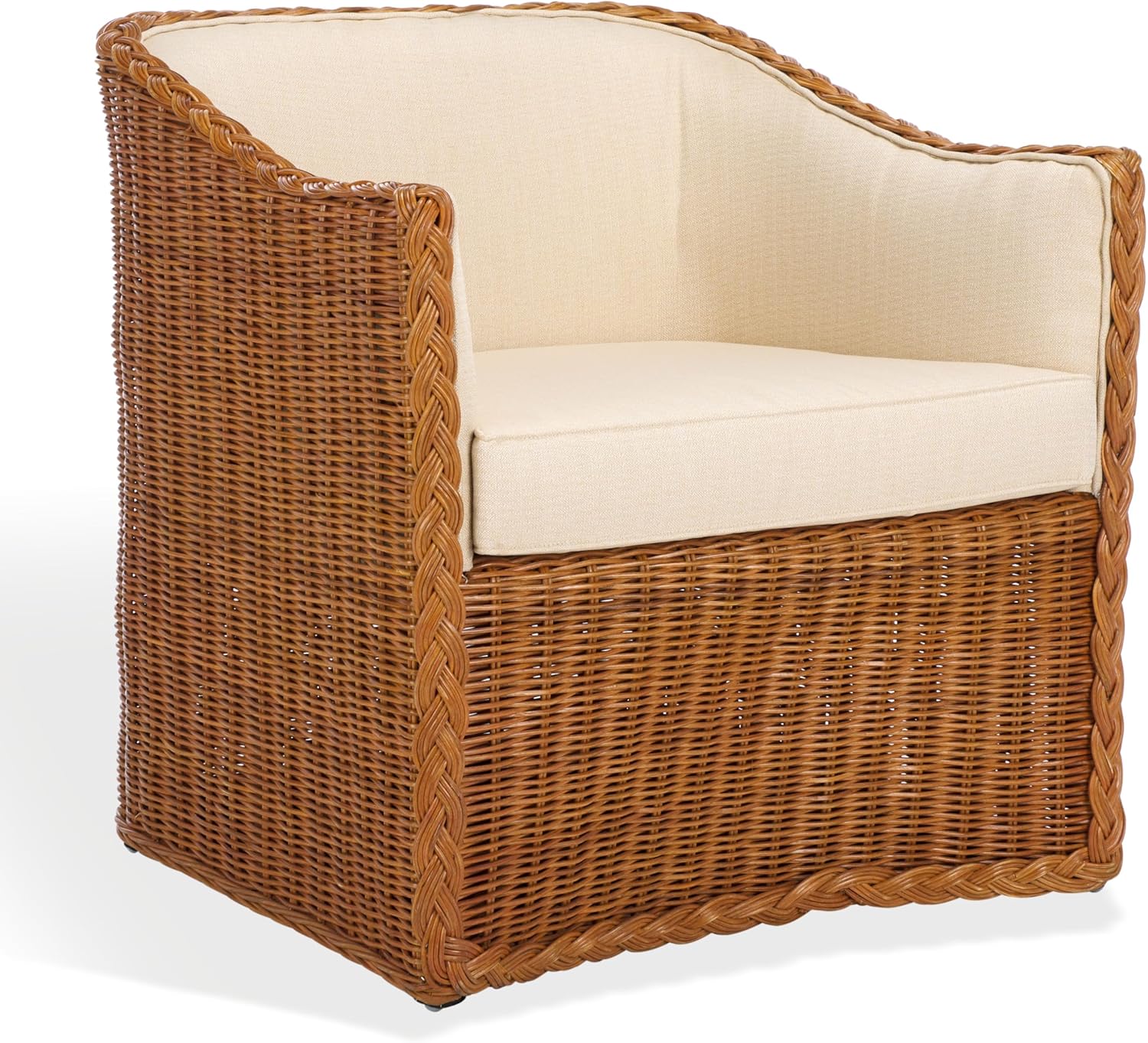SAFAVIEH Couture Collection Sharon Natural Rattan/Beige Linen Cushion Accent Chair (Fully Assembled)