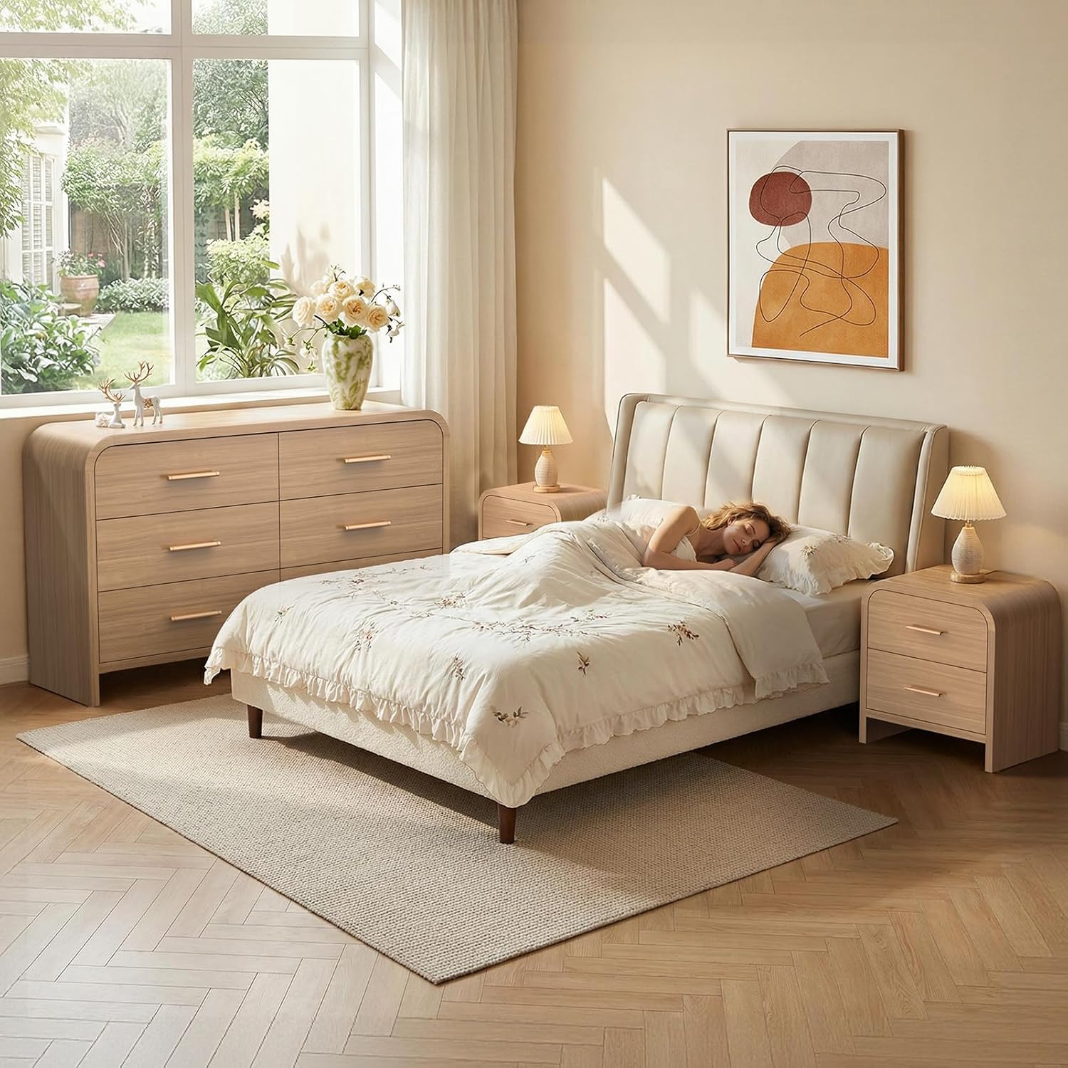 3-Piece Modern Bedroom Furniture Set, 6-Drawer& 2-Drawer Nightstands Set of 2, Unique Curved Design Wooden Dresser and Nightstand Sets for Bedroom, Hallway, Oak