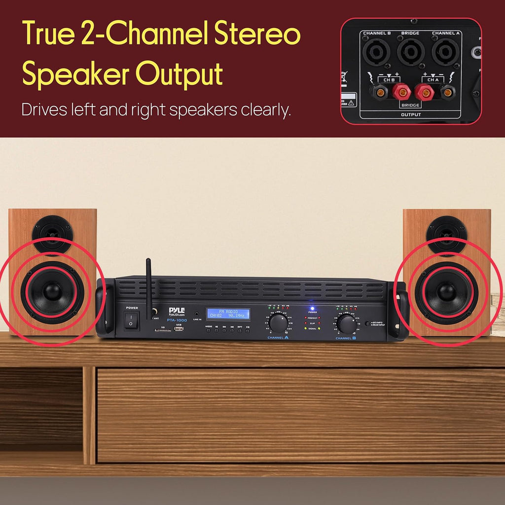 Pyle 2-Channel Rack Mount Power Amplifier with Bluetooth - 2000W Bridgeable with TRS XLR Input, Speakon Outputs, USB-A Input with MP3 Player, Bridge Mode, Cooling Fan, LED Level Meters - PTA1000BT