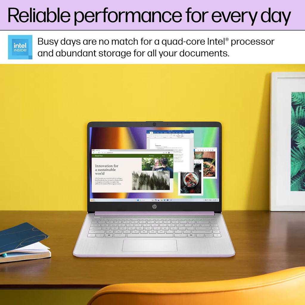 HP 14" Laptop Computer for 2026 Student Business Productivity, MS Office & Win 11 Pro, Copilot AI, Intel 4-Core CPU, 4GB DDR5 RAM, 628GB Storage (128GB UFS+500GB Ext), Wi-Fi 6, HubxcelAddon, Lavender