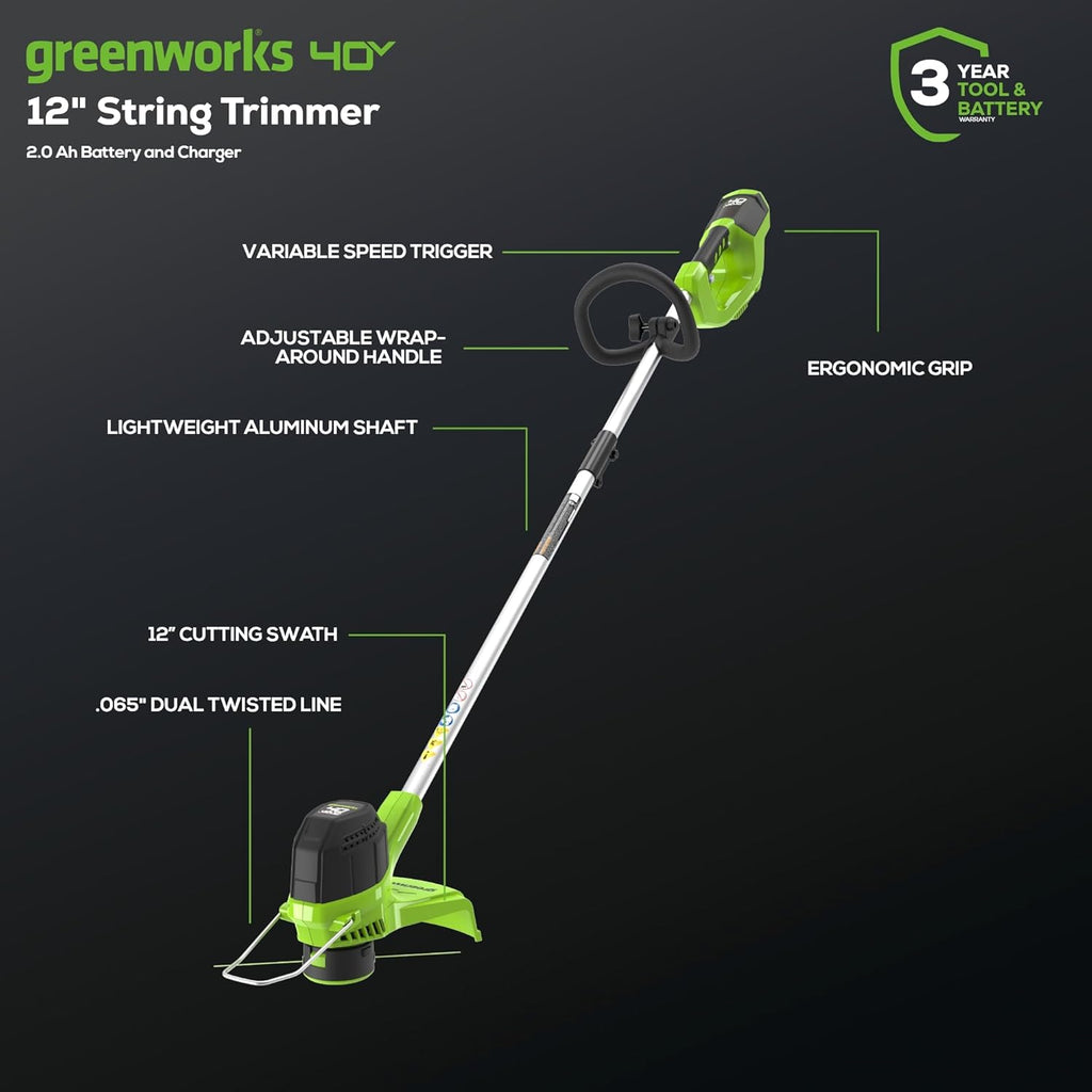 Greenworks 40V Cordless Yard Tool Combo Kit with 2.0Ah Battery & Charger – 12" Auto Feed String Trimmer and 390 CFM Leaf Blower, Lightweight Design