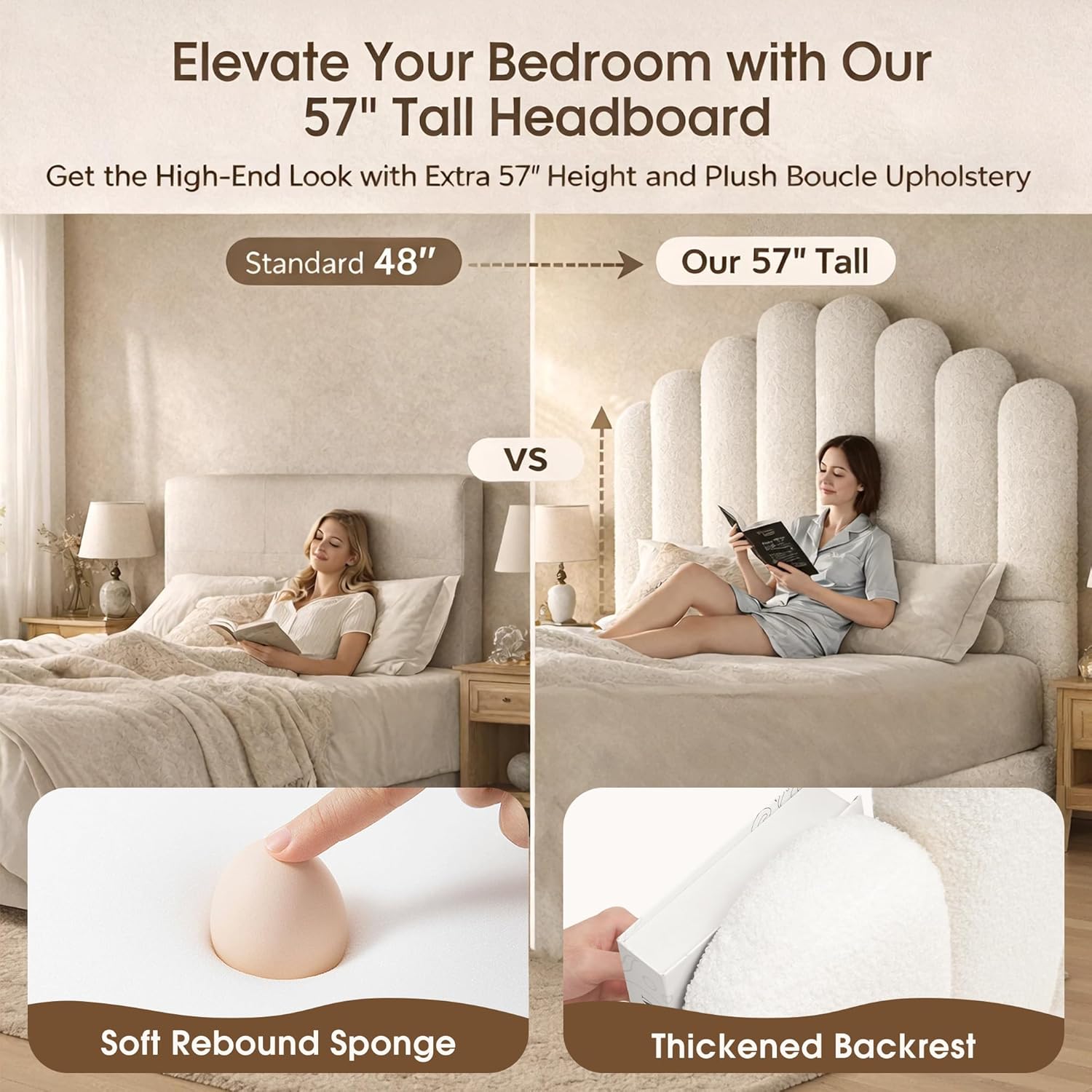 Full Size 57" Tall Boucle Bed Frame with Cloud Upholstered Headboard, Soft Bedframe with Round Corners, Solid Wood Legs, No Box Spring Needed, Easy Assembly, White