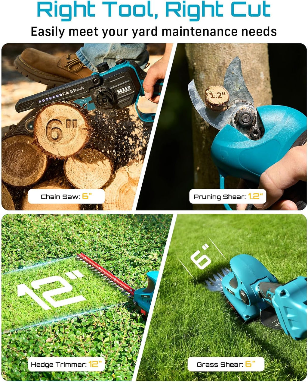 SEESII Cordless Pole Chainsaw, Hedge Trimmer, Pruning Shears, 4000mAh Battery Powered Extendable Garden Tool Kit for Outdoor Use, Electric Long Reach Saw, Hedge and Grass Trimmer, Pruner for Yard Care