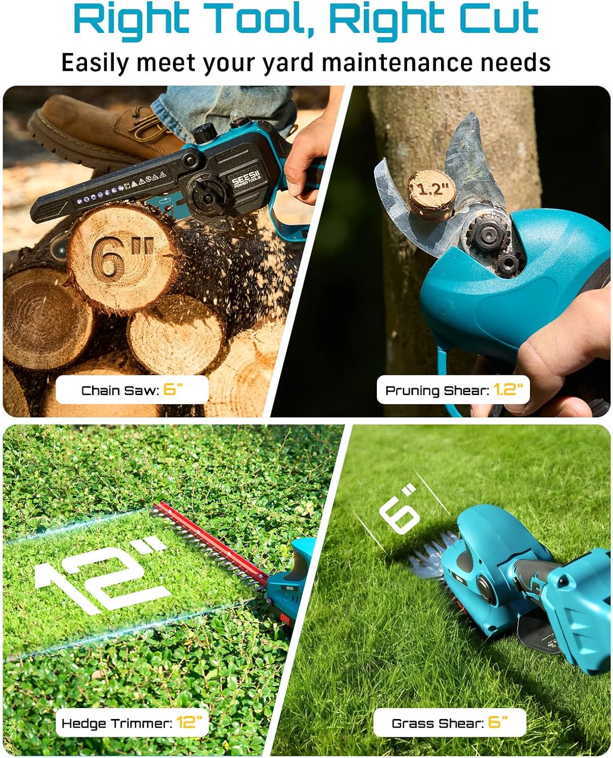 SEESII Cordless Pole Chainsaw, Hedge Trimmer, Pruning Shears, 4000mAh Battery Powered Extendable Garden Tool Kit for Outdoor Use, Electric Long Reach Saw, Hedge and Grass Trimmer, Pruner for Yard Care