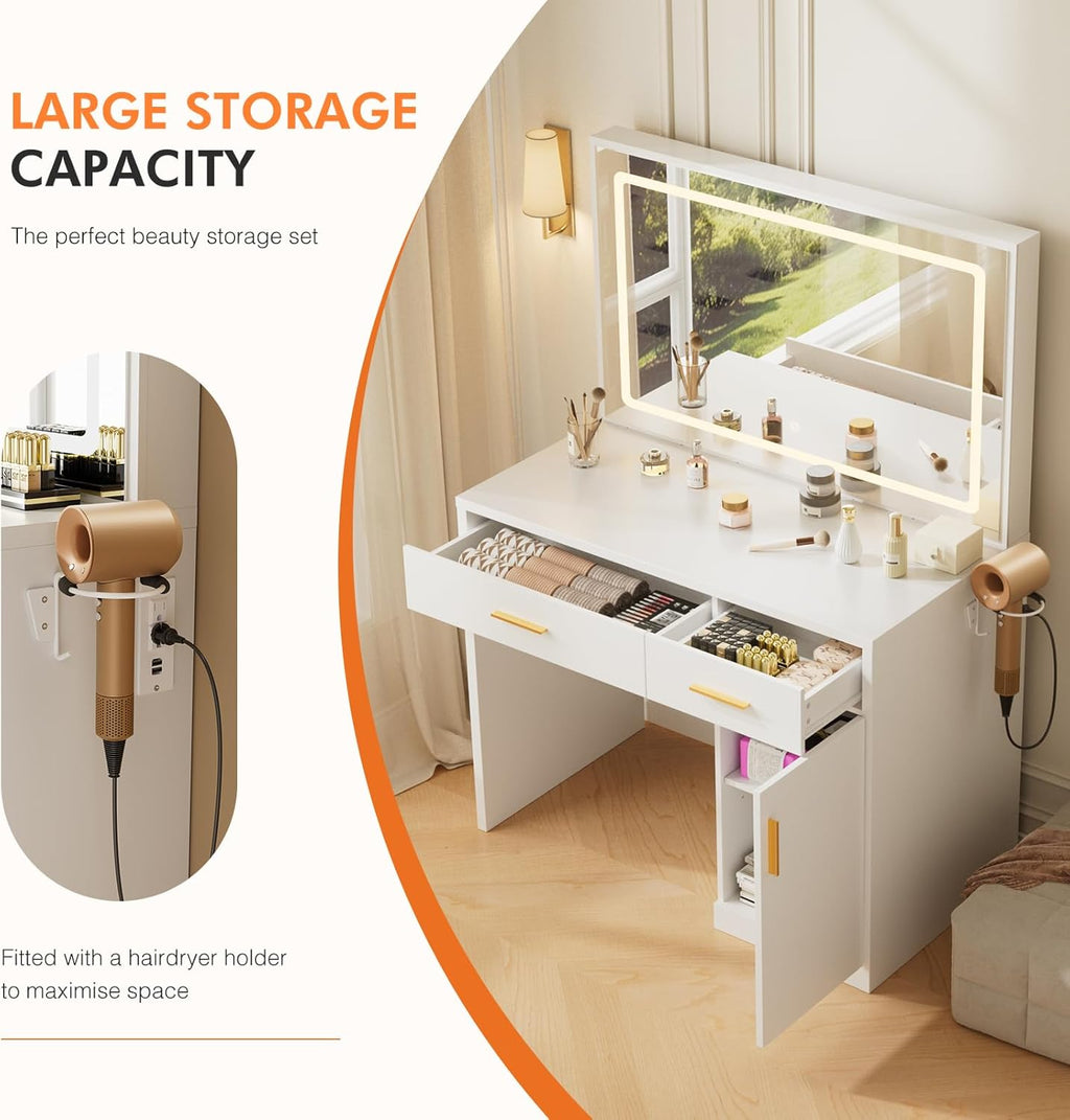 Sweetcrispy Vanity Desk with 35.4" LED Mirror and Lights, Makeup Vanity Table with Charging Station (2AC/USB/C), 2 Drawers & Large Cabinet, 3 Lighting Color Adjustable, Modern Dressing Table, White