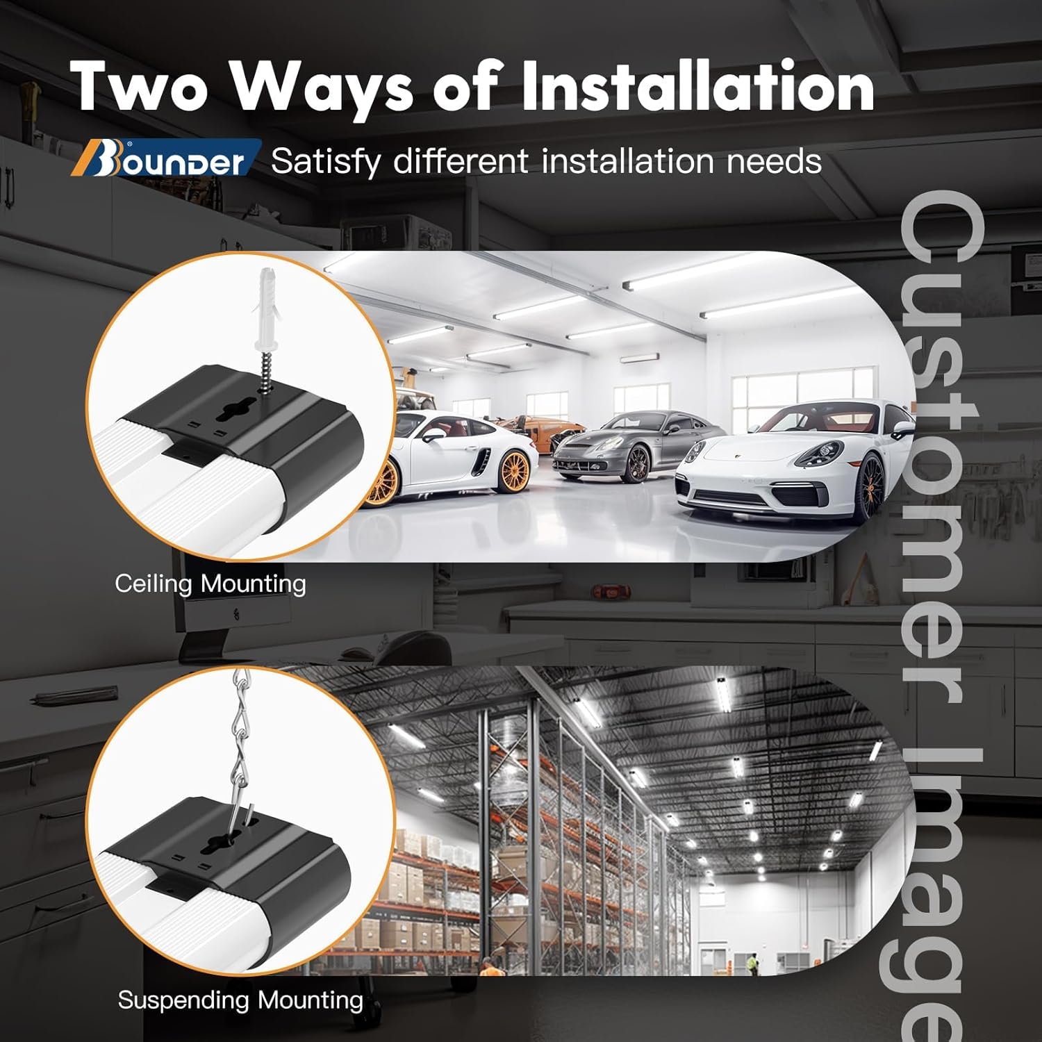 BBOUNDER 12 Pack Linkable LED Shop Light with Reflector, Super Bright 6500K Cool Daylight, 4400 LM, 4 FT, 48 Inch Integrated Fixture for Garage, 40W Equivalent 250W, Surface & Suspension Mount, Black