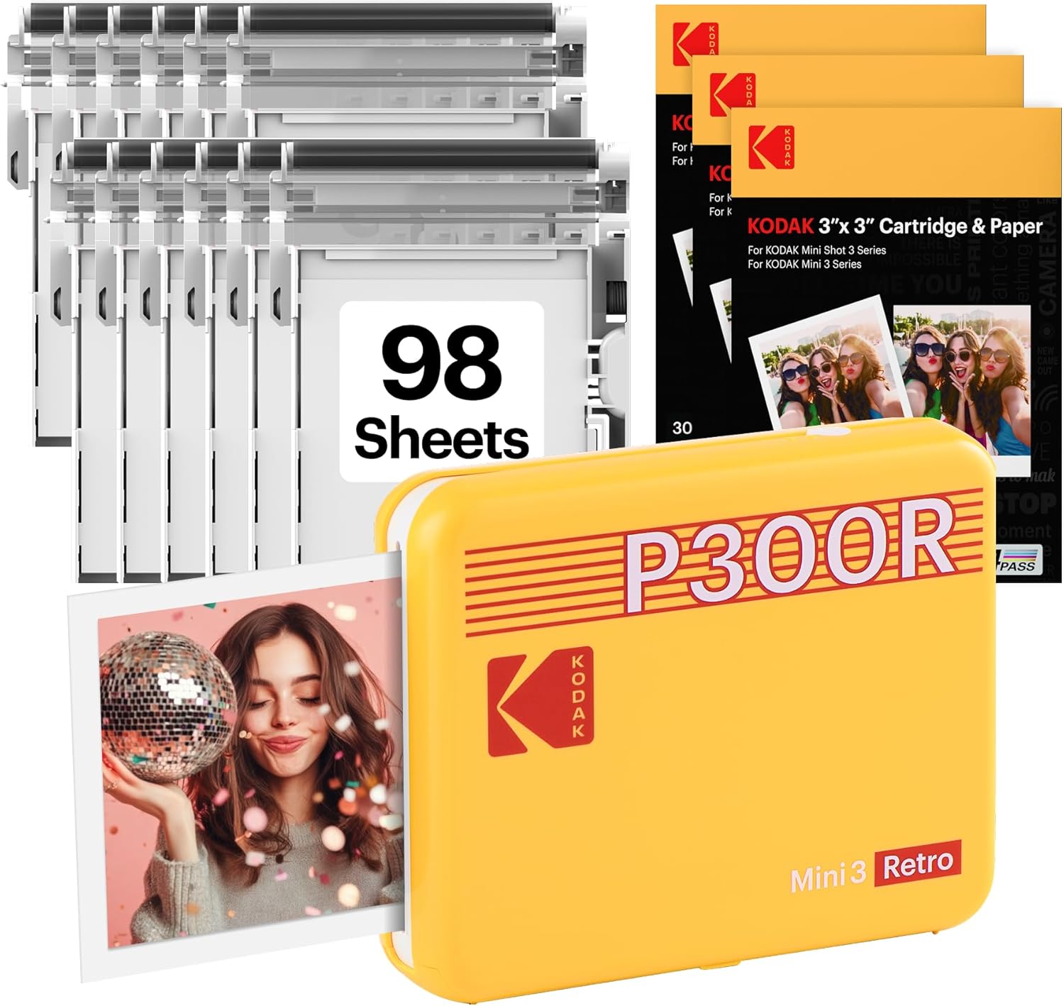 KODAK Mini 3 Retro 3x3'' Portable Photo Printer, 98 Sheets, Bluetooth Smartphone Printer for iPhone & Android, Instant Color Prints, 4PASS Dye Sublimation, Yellow