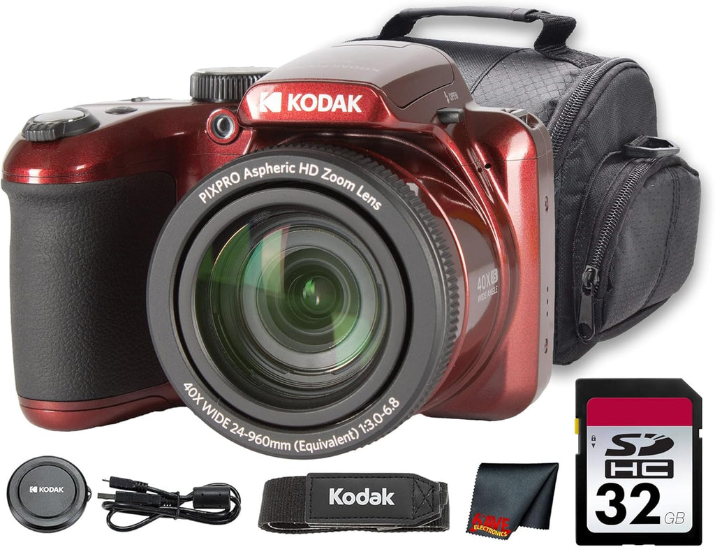 Kodak PIXPRO AZ405 Digital Camera (Red) | 20MP Sensor, 40x Optical Zoom, 24mm Wide-Angle Lens & Optical Image Stabilization | Great for Travel & Everyday Photos (AZ405RD) + 32GB Card + Bag + Cloth