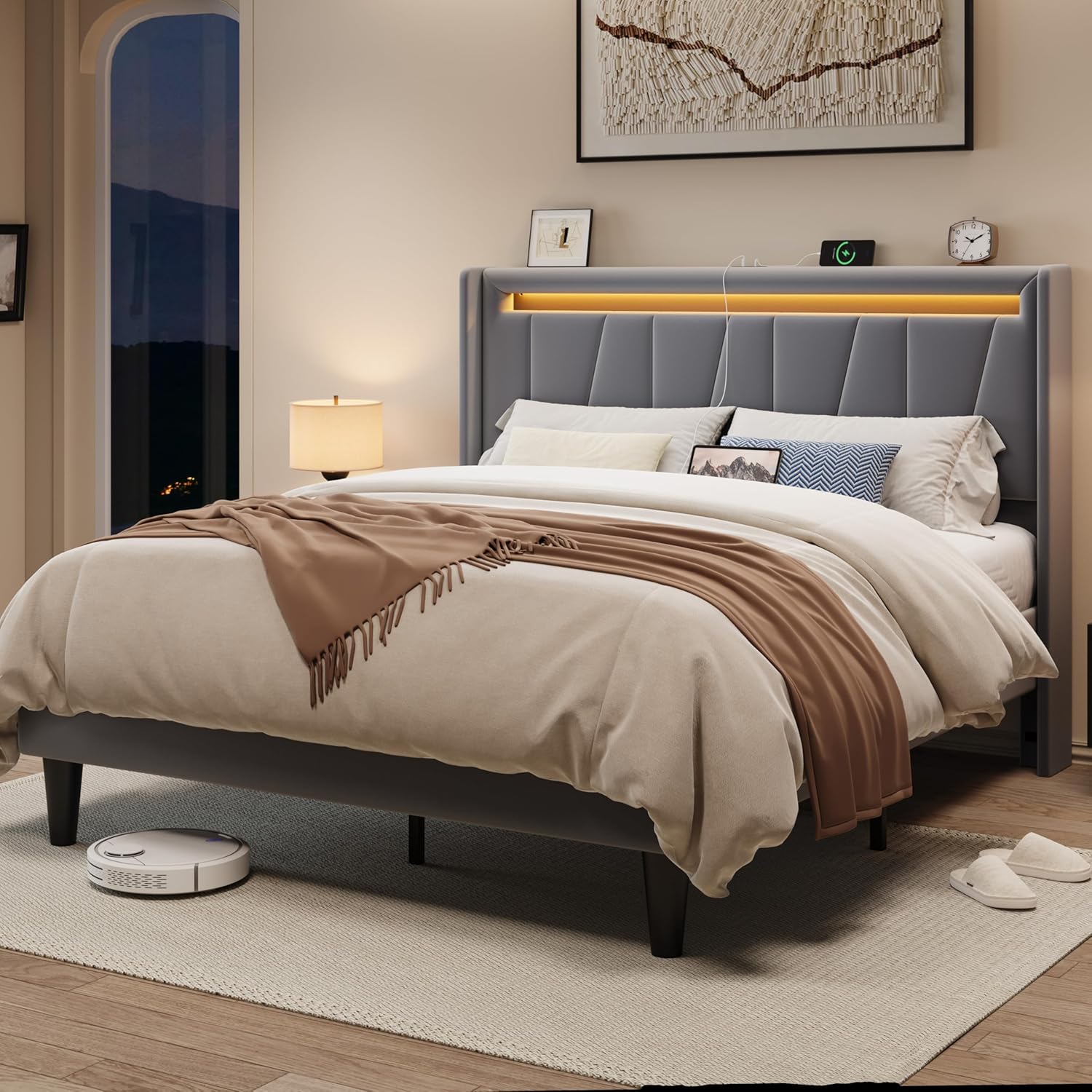 Allewie Queen Size LED Bed Frame with Charging Station, Velvet Upholstered Platform Bed with Geometric Wingback Headboard, Modern Frame with No Box Spring Needed, Easy Assembly, Grey