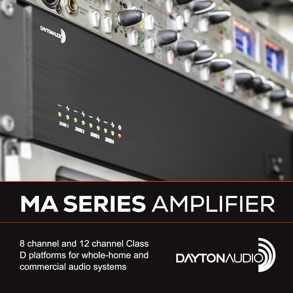 Dayton Audio MA880 Multi-Zone 8-Channel Class-D Amplifier, 8 x 80W (160W Bridged), 4 Stereo Zones, 6 Inputs, Rack-Mountable
