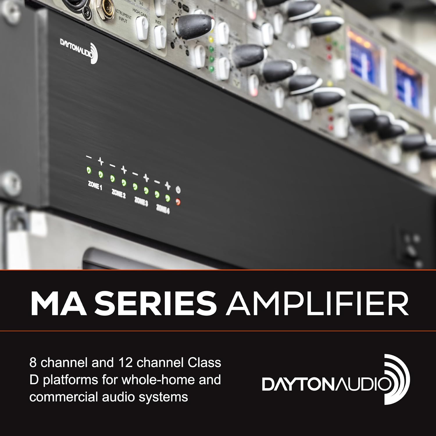 Dayton Audio MA880 Multi-Zone 8-Channel Class-D Amplifier, 8 x 80W (160W Bridged), 4 Stereo Zones, 6 Inputs, Rack-Mountable