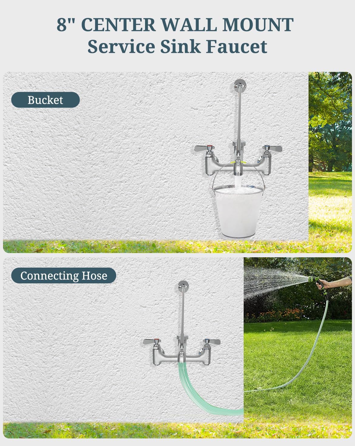 Commercial Mop Sink Faucet with Vacuum Breaker, Wall Mount Service Sink Faucet, 8 Inch Adjustable Center, Pail Hook, Heavy-Duty Brass Utility Sink Faucet for Restaurant/Garage/Industrial