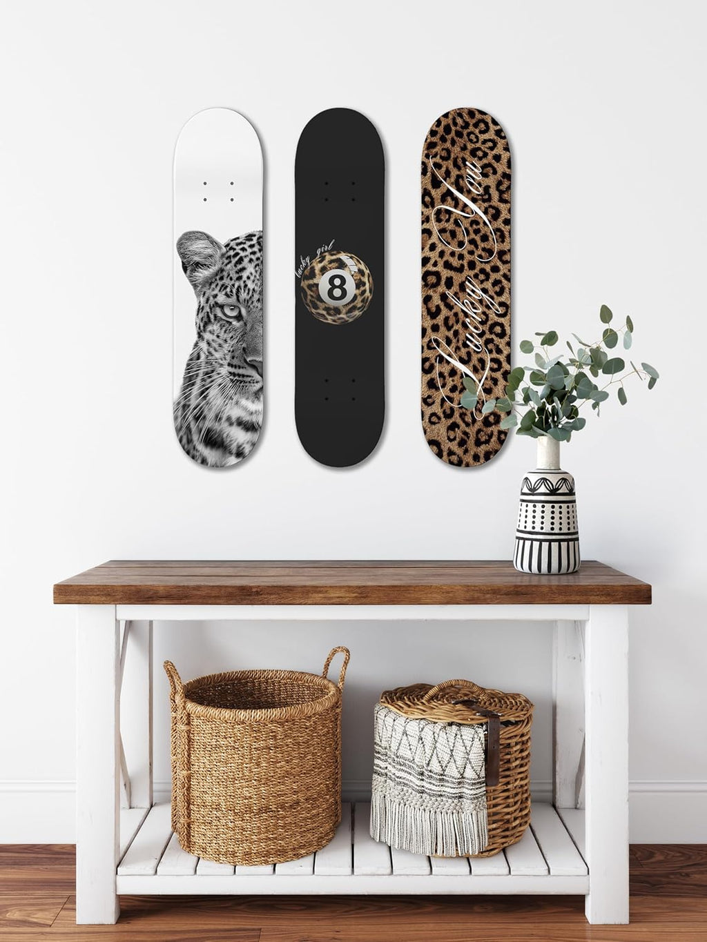 TwoDays Stockholm Cheetah Skateboard Wall Decor - Leopard Print Modern Style Wall Mount Art Set for Men's Apartment & Dorm, Cool Skate Deck, Trendy Skater Room Design (Set of 3)