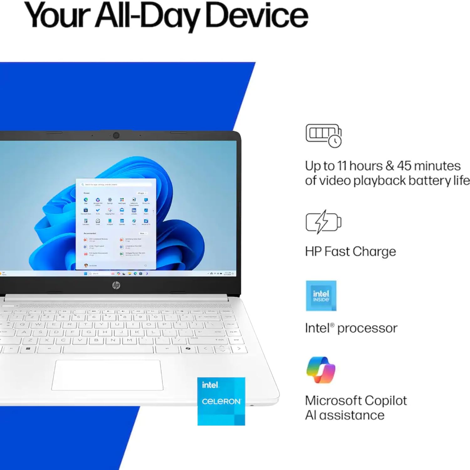 HP Home and Student Essential Laptop with Microsoft 365-8GB RAM - Intel Inside | Anti-Glare Display, 64GB SSD, Fast Charge and 12hrs Battery, high Performance, no Mouse