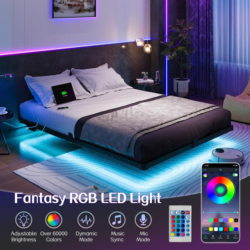 Liians Queen Size Floating Bed Frame with USB Charging Station and LED Lights, Modern Metal Platform Bed Frame with Mattress Slide Stopper, Noise Free No Box Spring Needed and Easy Assembly