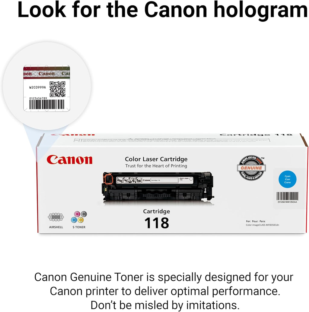 Canon 118 Genuine Cyan Toner Cartridge Compatible with MF720 Series, LBP7200Cdn, LBP7660Cdn, MF8300 Series, MF8580Cdw