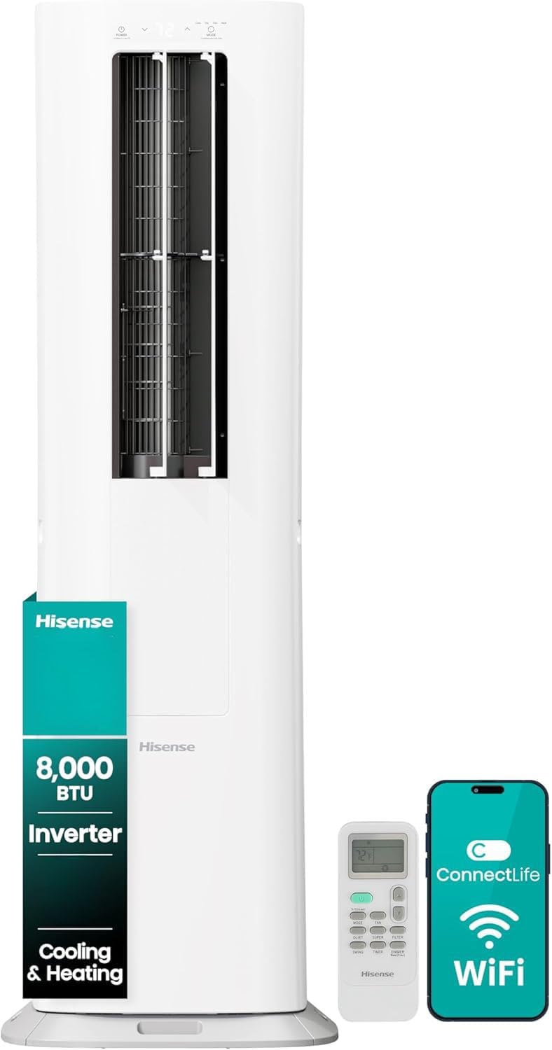 Hisense API0825UW1D Smart Inverter Twin Hose 8,000 BTU (DOE) 350 SF Heat/Cool Tower Portable Air Conditioner, White, Compatible with Alexa and Google Home Voice (Renewed)