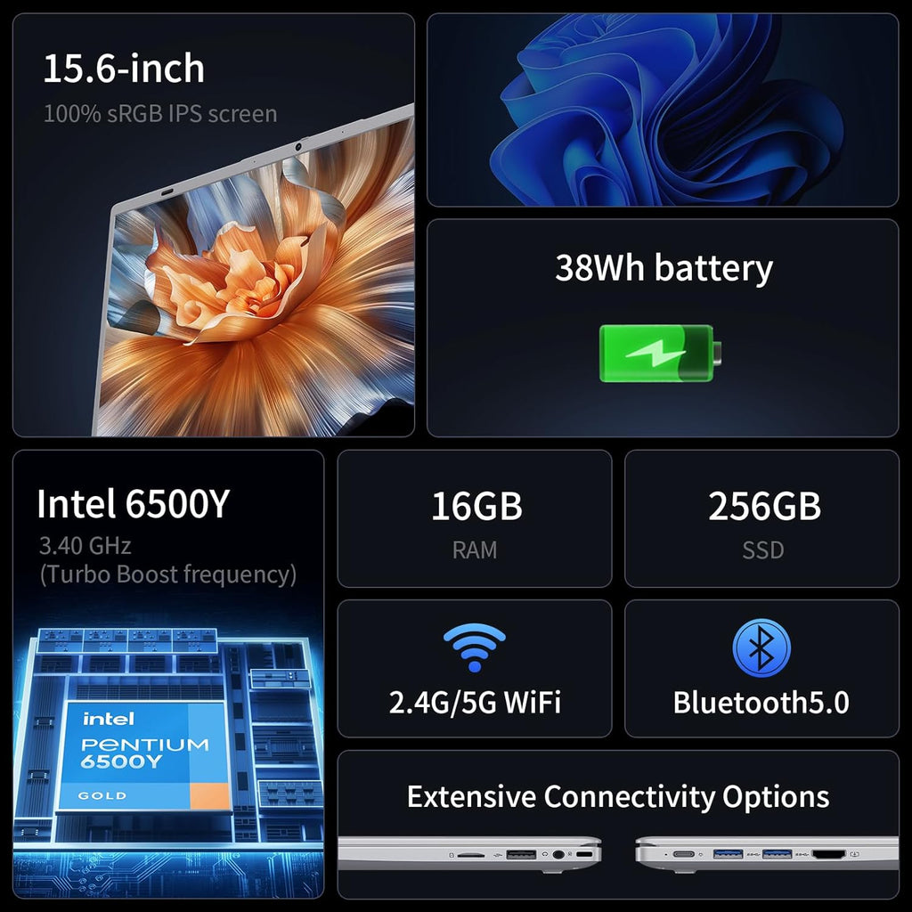 UOWAMOU 15.6 Inch FHD IPS Laptop 1920×1080 Display, Pentium Gold 6500Y Processor 16GB RAM 256GB SSD, Quiet Slim Portable Computer, USB3.2/Type‑C/WiFi5+BT5.0, Numeric Keypad, Office 2024
