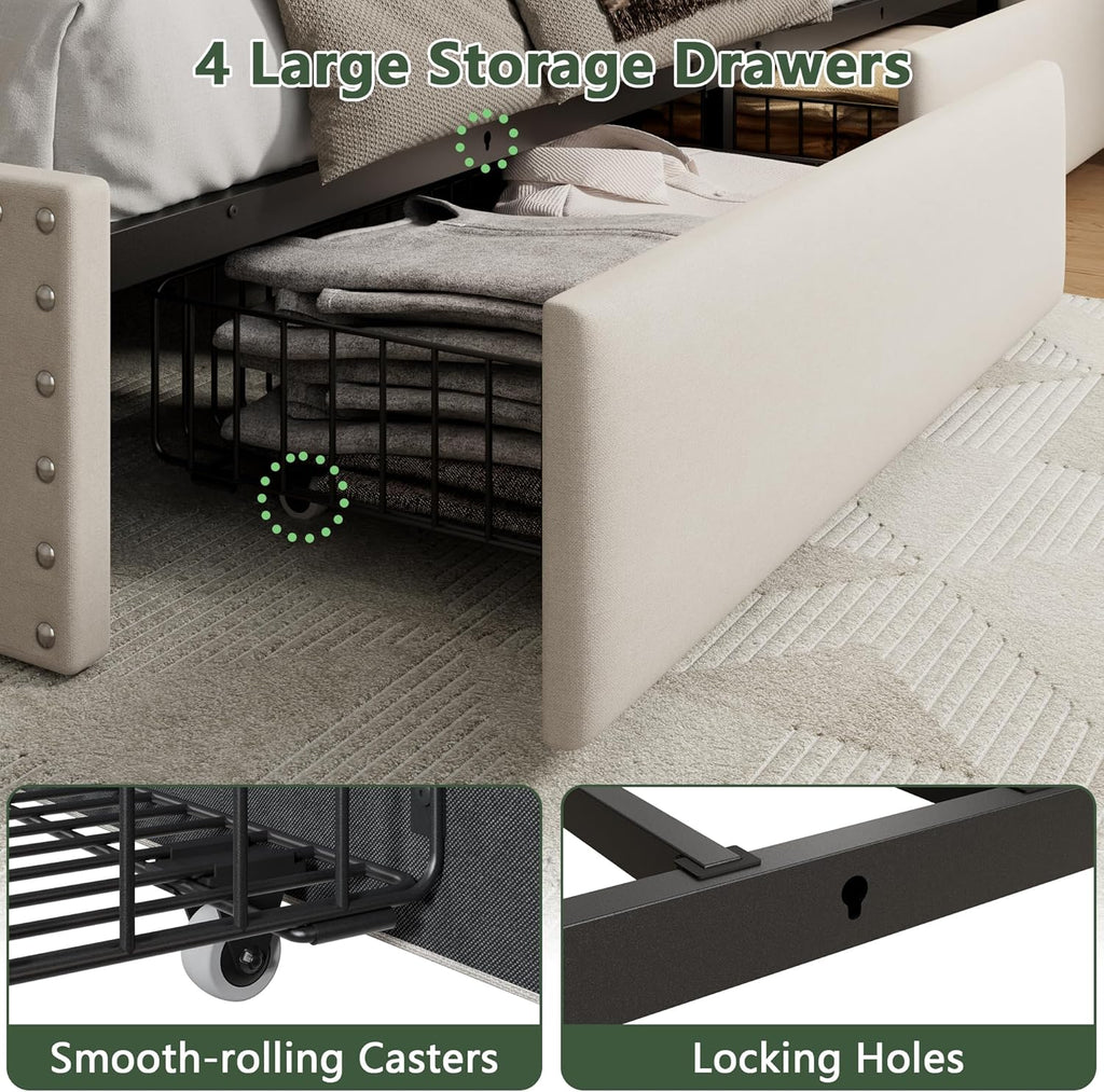 Forestell Queen Bed Frame with 4 Drawers and Storage Headboard, Upholstered Platform Bed Frame Queen Size with LED Lights and Charging Station, Metal Slats Support, No Box Spring Needed, Beige