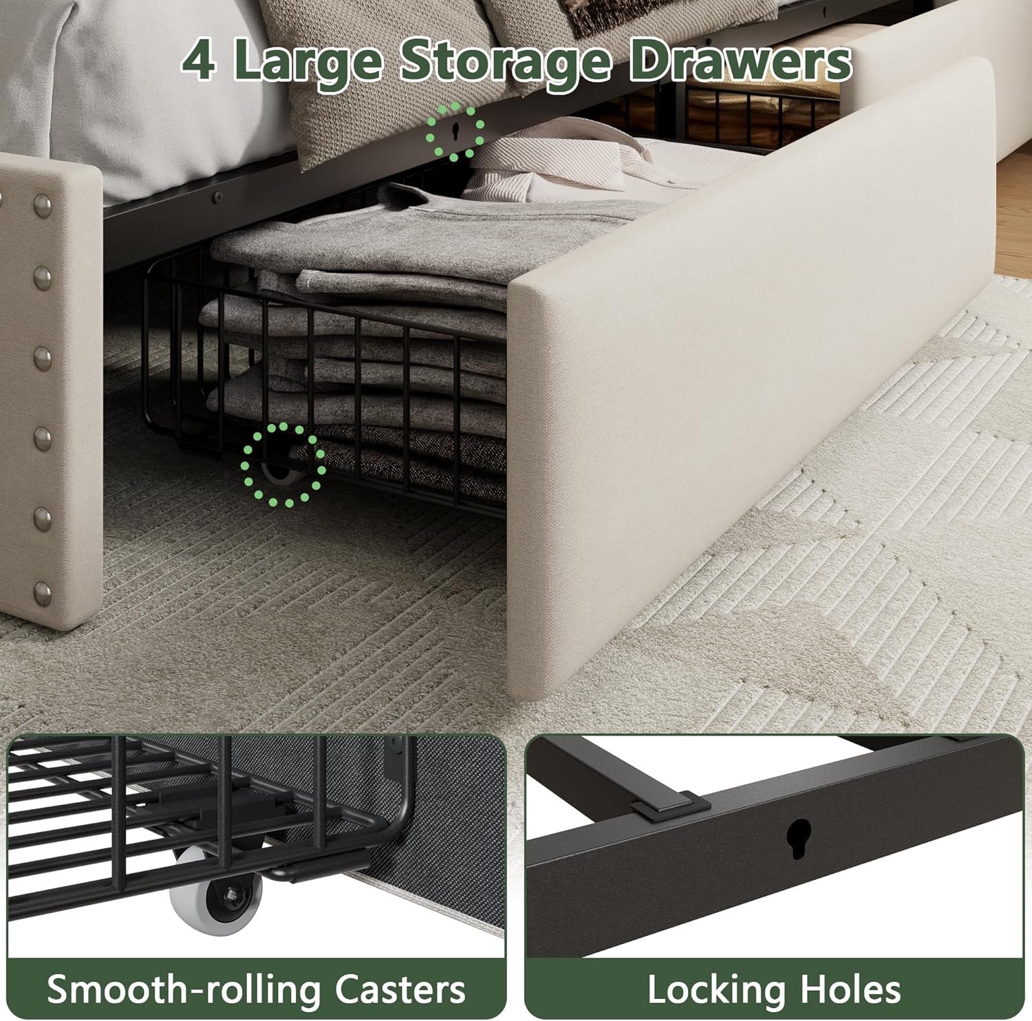 Forestell Queen Bed Frame with 4 Drawers and Storage Headboard, Upholstered Platform Bed Frame Queen Size with LED Lights and Charging Station, Metal Slats Support, No Box Spring Needed, Beige