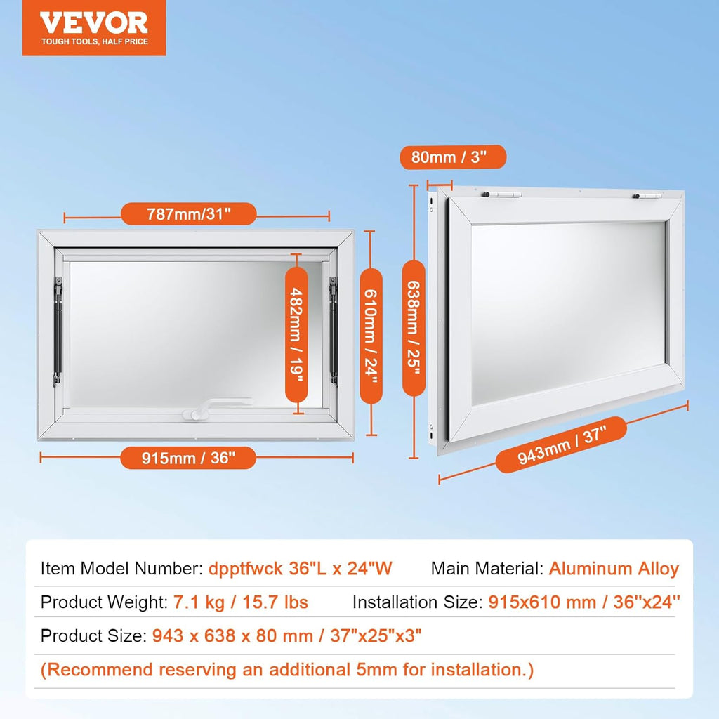 VEVOR Concession Window for Food Truck, 36"x24" Aluminum Alloy Food Truck Service Windows, Up to 85 Degrees Stand Serving Window with Awning Door & Drag Hook, for Food Trucks Concession Trailers