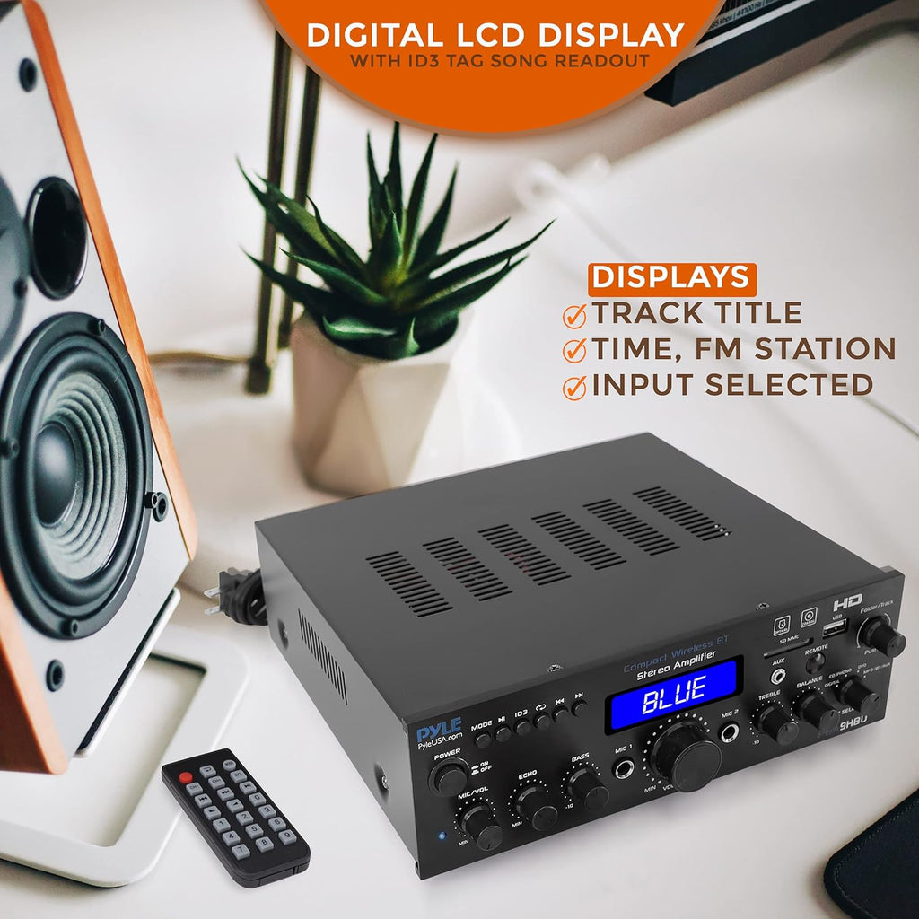 PyleUsa Wireless Bluetooth Home Stereo Amplifier - Multi-Channel 200 Watt Power Amplifier Home Audio Receiver System w/ HDMI, Optical/Phono/Coaxial,FM Radio, USB/SD, AUX, RCA,Mic in Remote - PDA9HBU.6