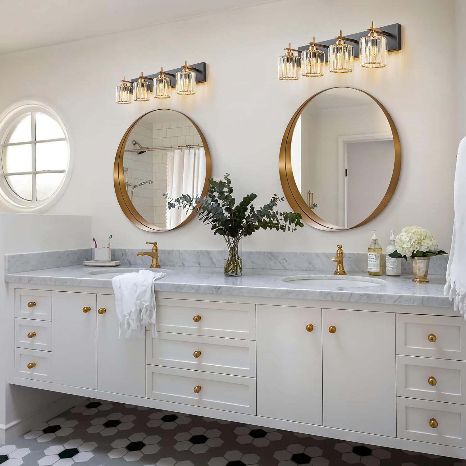 Black Gold Crystal Bathroom Vanity Light, Modern 4-Lights Bathroom Light Fixtures Over Mirror, Crystal Wall Lighting with Polished Gold Finish