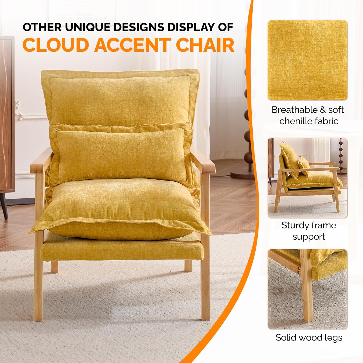 VINGLI Mid-Century Modern Cloud Accent Armchairs set of 2 with Lumbar Pillow, 6.3'' Thick Seat Cushion Reading Chairs with Wooden Armrests, Boho Lounge Chair for Bedroom, Living Room, Chenille, Yellow