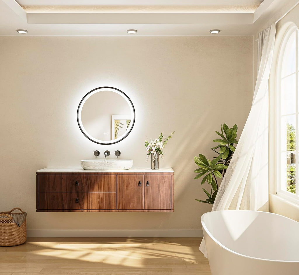 TETOTE Round Led Lighted Bathroom Mirror Matte Black Frame 24 Inch Front and Backlit Circle Round Light up Vanity Mirror with Lights, 3 Color Illuminated Dimmable Anti Fog Wall Mount, IP54 CRI 90+