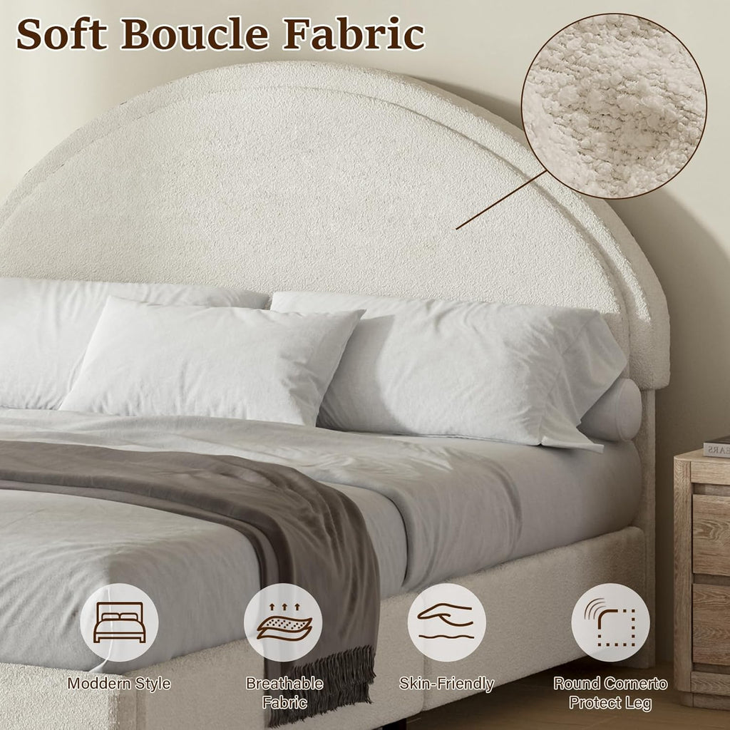 REVOMINCA Queen Bed Frame, Boucle Upholstered Platform Bed Frame with Rounded Corners, Soft Bedframe with Round Headboard, No Box Spring Required, Easy Assembly, White