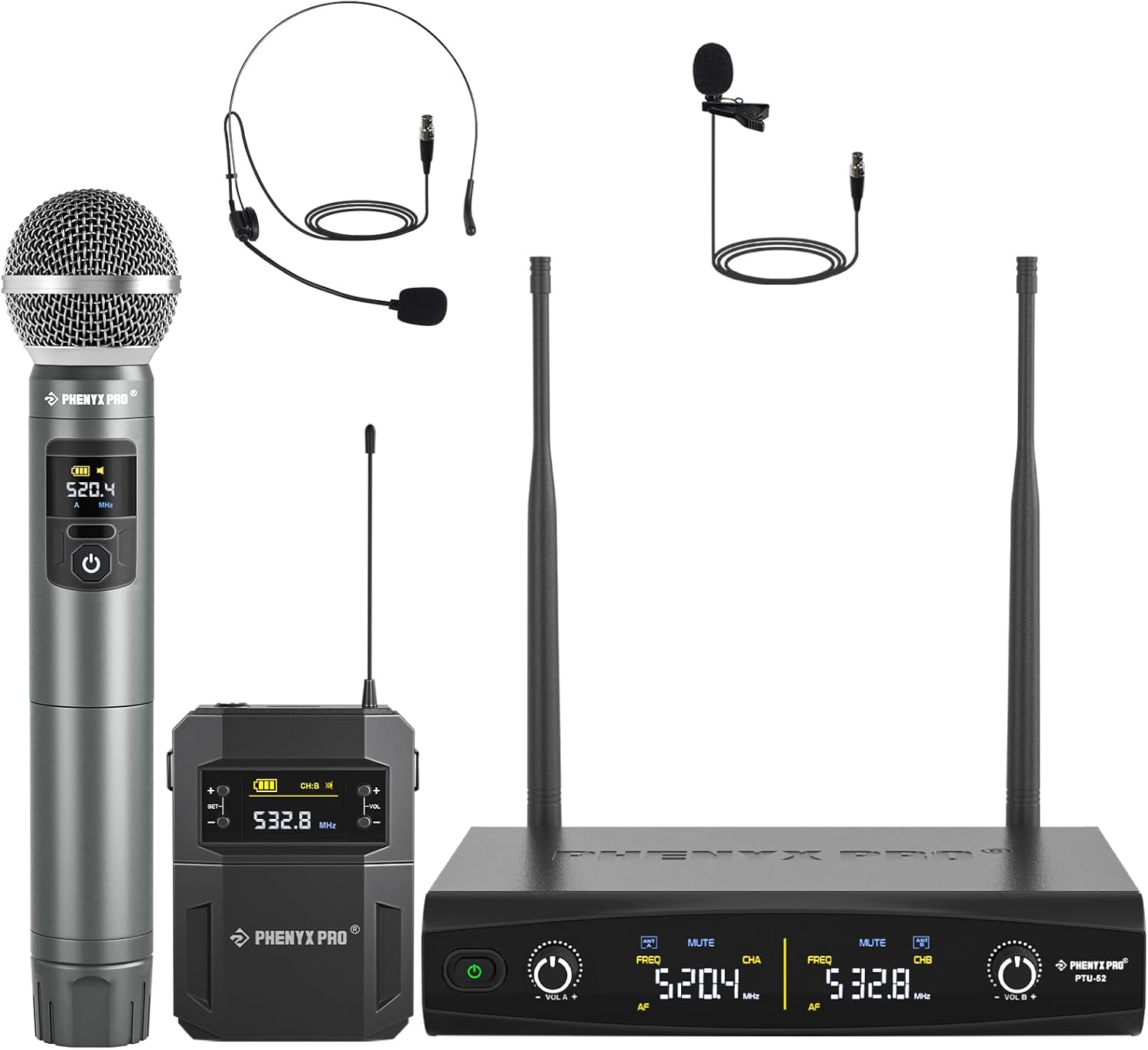 Phenyx Pro Wireless Microphone System,Metal Wireless Mic Set w/Handheld/Bodypack/Headset/Lapel Mics,2 x 30 UHF Frequencies, 200 ft Range, Cordless Mic for Singing, Karaoke, Church (PTU-52-1H1B)