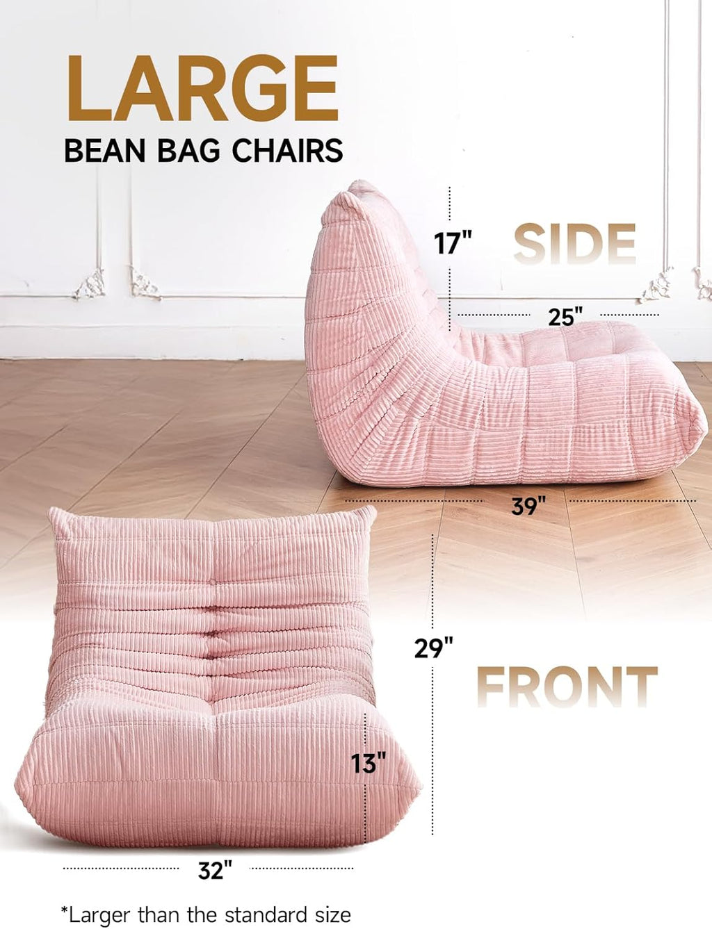 ZCUBED Large Bean Bag Chairs for Adults, Memory Foam Lounge Chair, Soft Corduroy Big Bean Bag Chair Lazy Sofa, Comfy Floor Beanbag Chair Single Sofa for Bedroom Living Room Fireside Book Nook, Pink